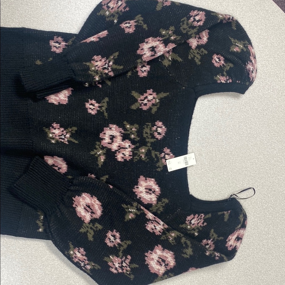 Anthropologie Off-the-Shoulder Sweater Black and Pink Floral